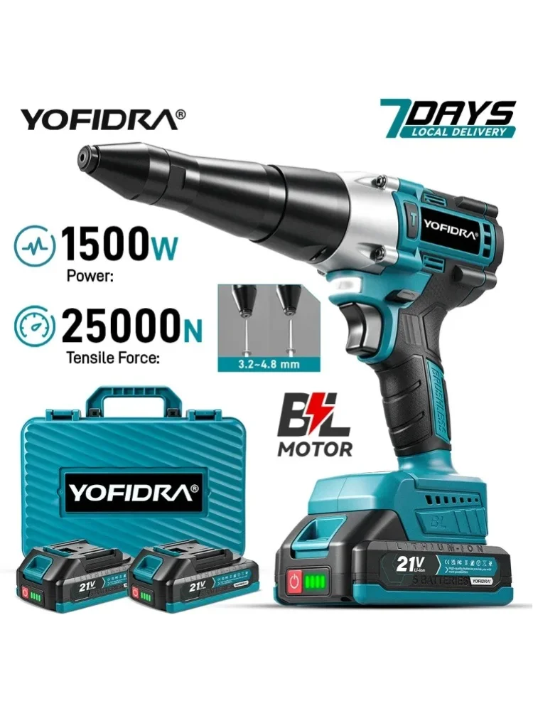 YOFIDRA 25000N Bürstenlose Elektrische Nietpistole 3,2~4,8mm Kabellose Nietmutternpistole Bohrwerkzeug für Makita 21V Akku