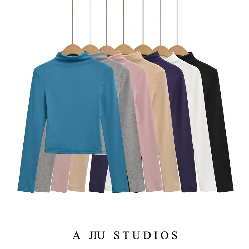 

Slim Fit Long Sve T-irt Women's Early Autumn Casual High Collar Base irt Versatile Top American Hot Girl Sle Commute...