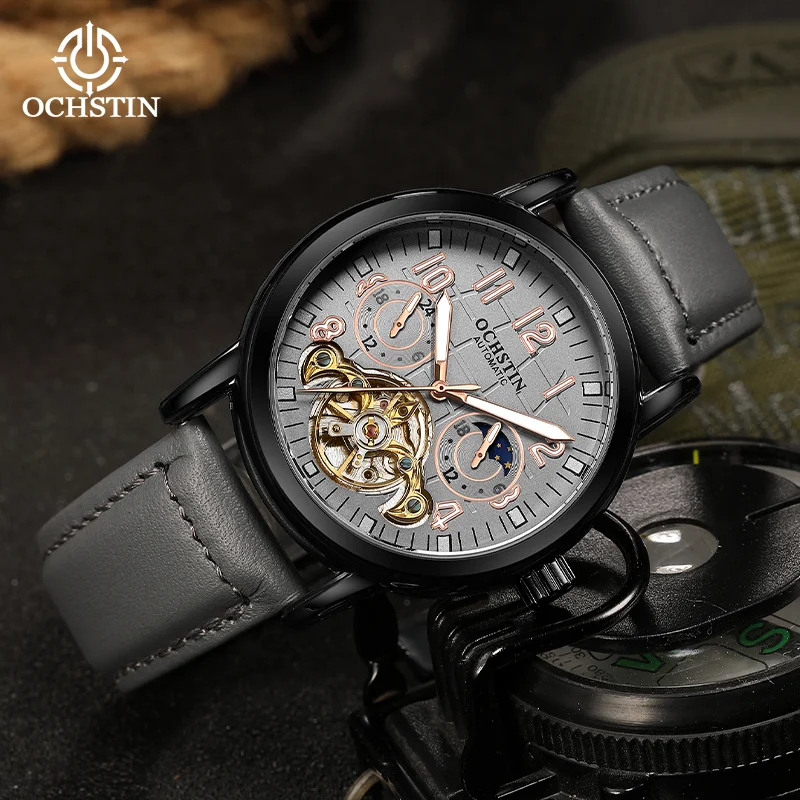 OCHSTIN Man Leather Strap Flywheel Hollow Machinery Waterproof Watches Men's Masterpiece Craftsmanship Series Moon Phrase Clock
