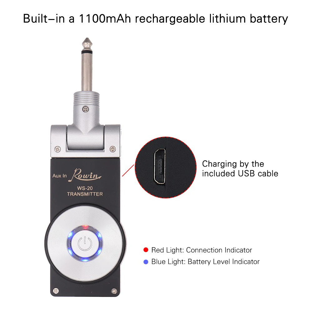 2.4G Guitar Wireless System Transmitter Receiver Rechargeable 180 Rotatable