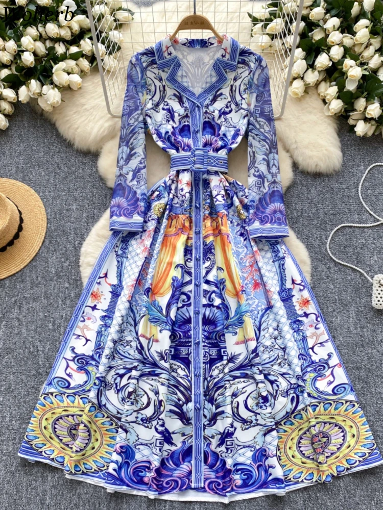 Maxi Belt Dresses for Women Korean Vintage Robe Femme 2024 Vestidos De Mujer Turn Down Collar Floral Bohemian Autumn Dress WJ