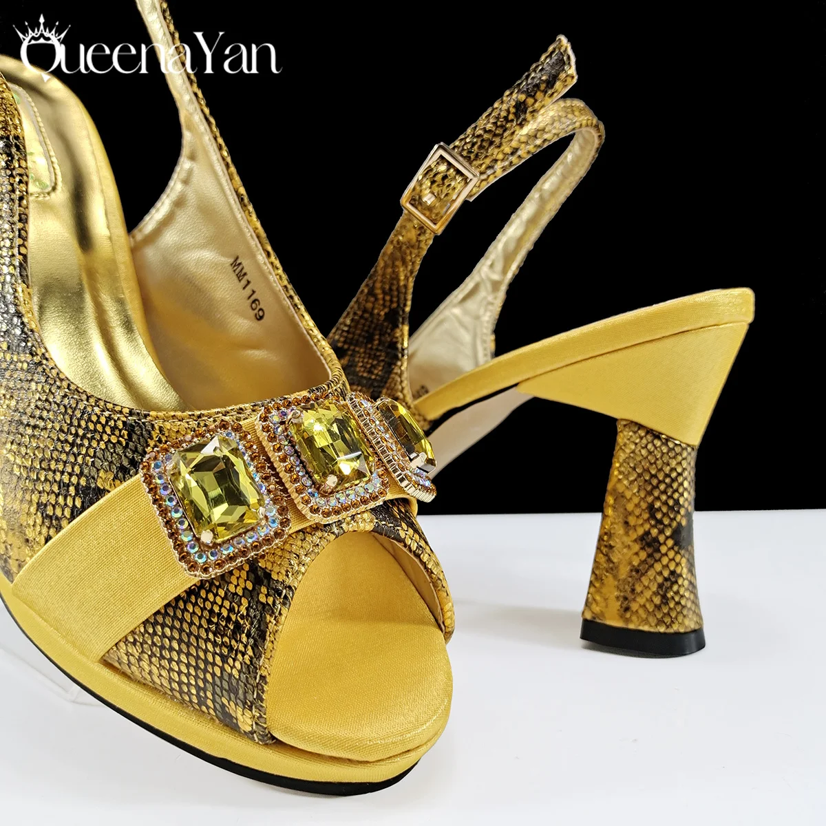 Queena Yan New Luxurious Italian Women's Party Shoes&Bag Set Elegant Golden Rhinestone  Sandals with Peep Toe High Heels Wedding view 4