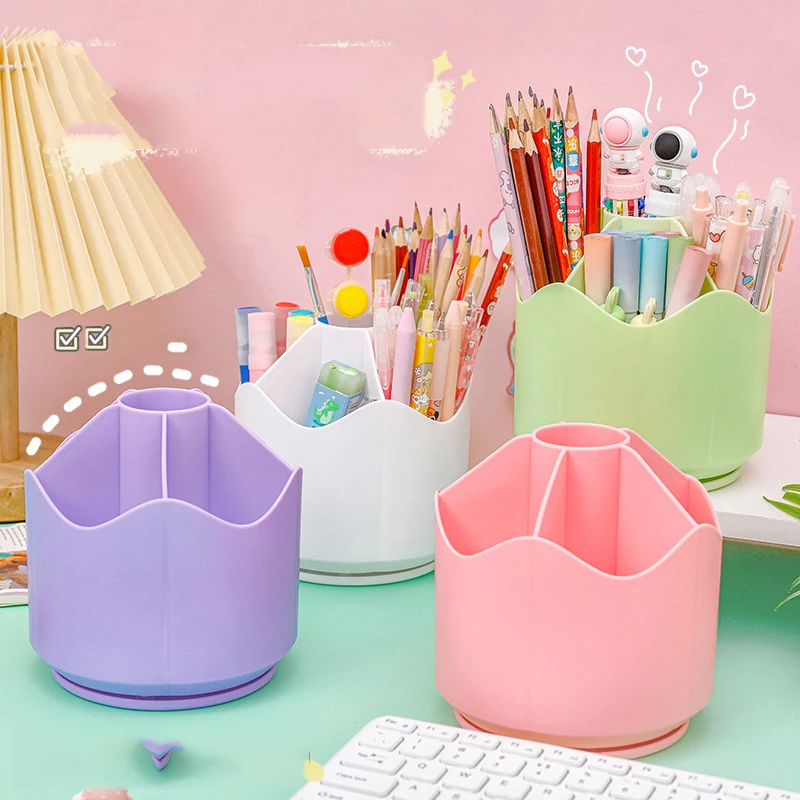 Rotatable Pen Holder Large Capacity Desk Pencil Storage Box 6-Grid Stationery Organizer School Office Pen Stand Supplies