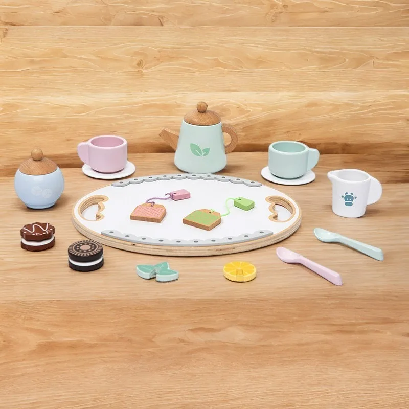 مجموعة شاي بعد الظهر الخشبية، ملحقات المطبخ، حفلة الشاي، الطعام، ألعاب تعليمية مبكرة لهدايا عيد الميلاد للأطفال الصغار