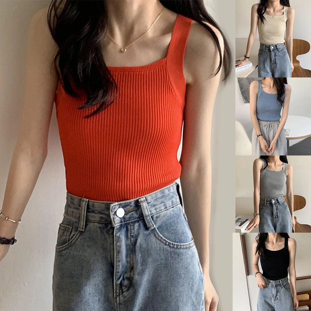 Sleeveless Knitted Tank Top For Women Solid Color Square Neck Vest Crop Tops Sexy Basic T Shirt Female Summer Casual Camisole