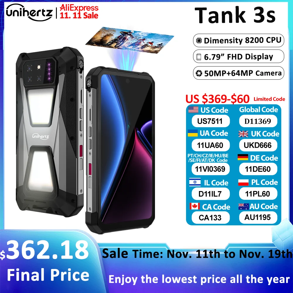 

Unihertz tank 3s 8849 powered smartphone with projector 24GB 256GB Dimension 8200 cellphone 15600mAh 66W charger 64MP 5G phone