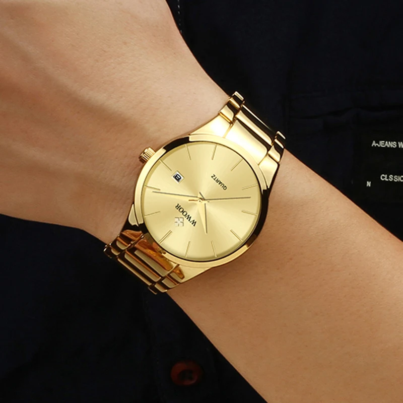 WWOOR Luxury Men Gold Watch Top Brand Fashion Minimalist Quartz Stainless Steel Waterproof Date Wristwatch Relogio Masculino
