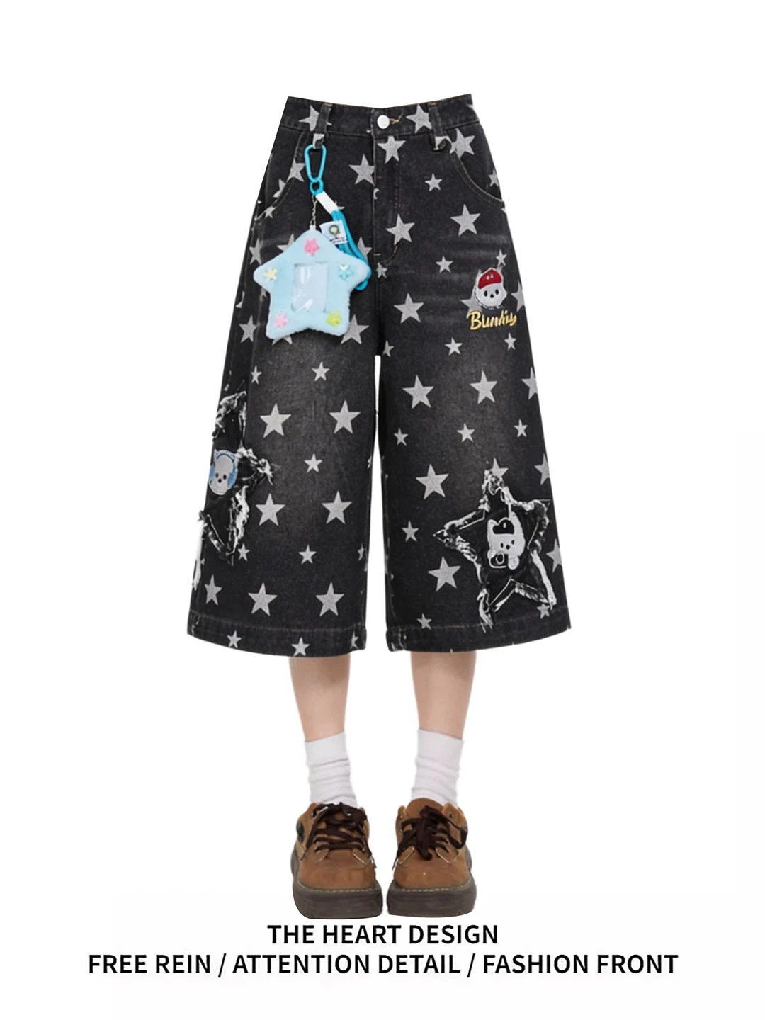 

American Street Style High Waist Wide Leg Jeans Women Summer Loose Fit Star Embroidery Patchwork Casual Comfortable Denim Pants