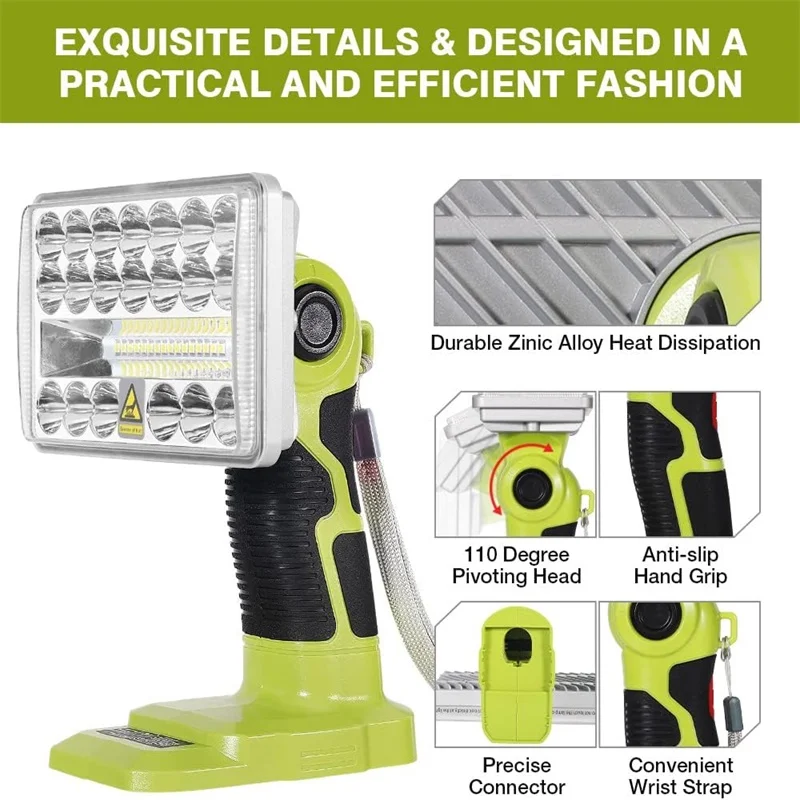 for Ryobi 18V Cordless LED Work Light 18W 900LM-2000LM Emergency Lamp Portable Flashlight Spotlight with 110 Degree Pivoting