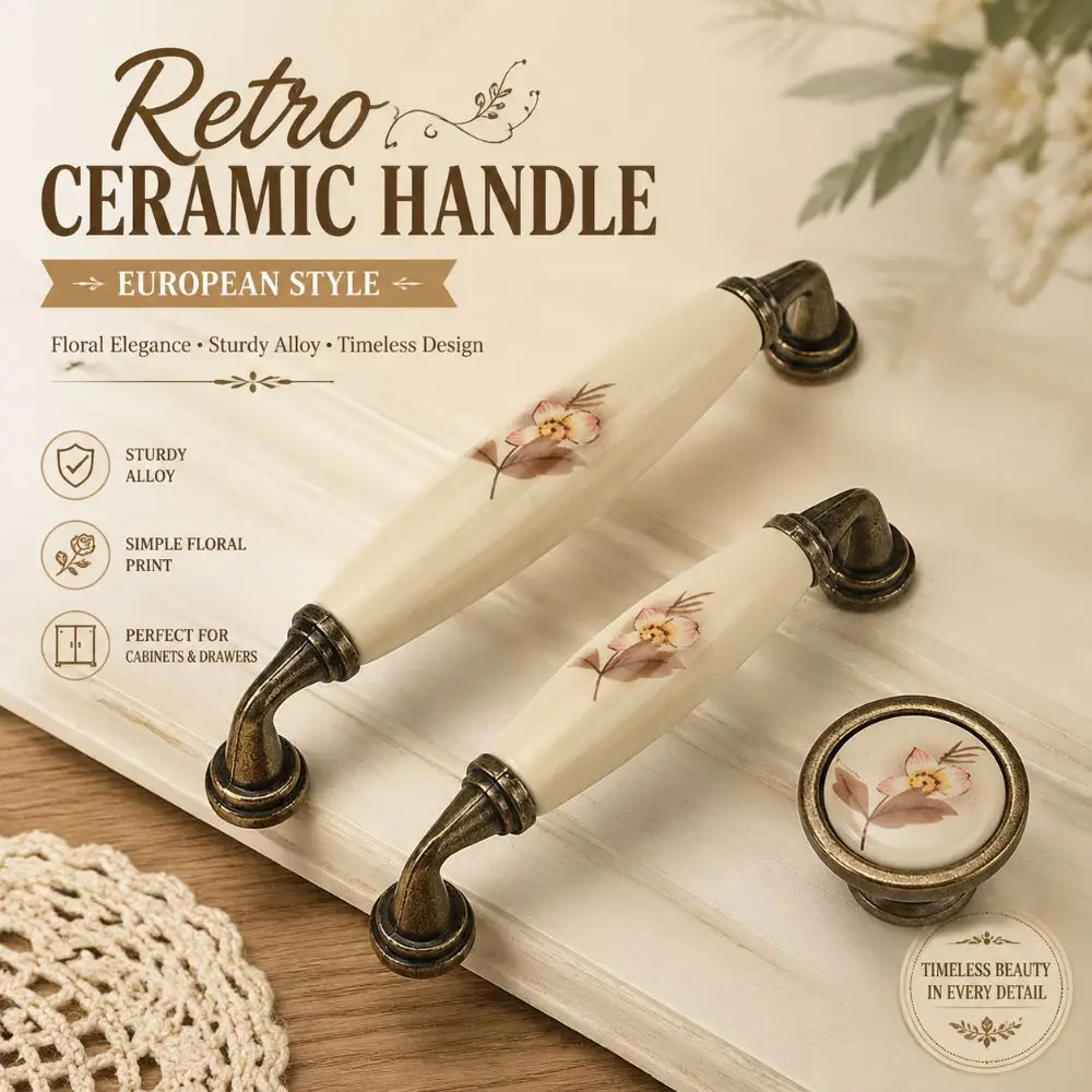 European Style Retro Knob Handle Floral Print Ceramic Alloy Furniture Cabinet Handles Sturdy Wardrobe Door Handle