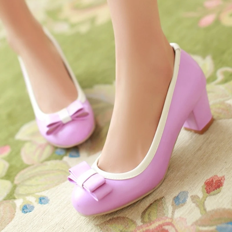 Dulce mujer rosa tacones altos moda arco negro Beige púrpura tacón bajo fiesta boda zapatos señoras vestido bombas elegante 2025