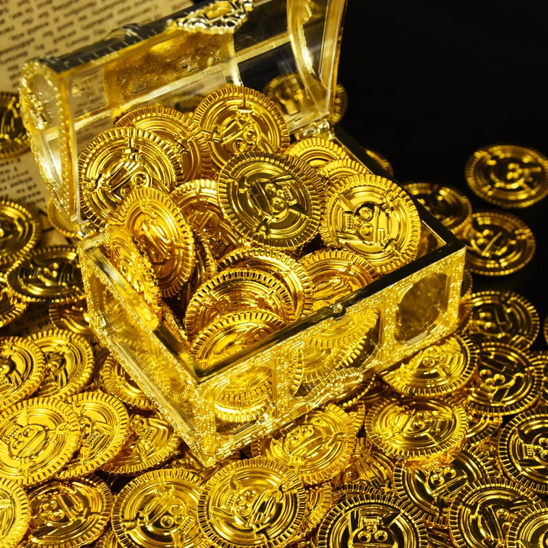 

50pcs Plastic Pirate Fake Gold Coins Halloween Cosplay Adventures Game Coin Pirates Party Props Kids Birthday Gifts Favors Decor