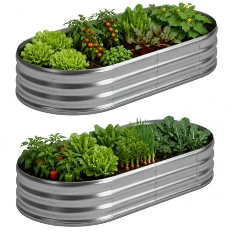 Outdoor vegetable and herb planting: galvanized steel oval raised garden bed, silver, 8x4x1 ft, 2-pack, rust-resistant and dura