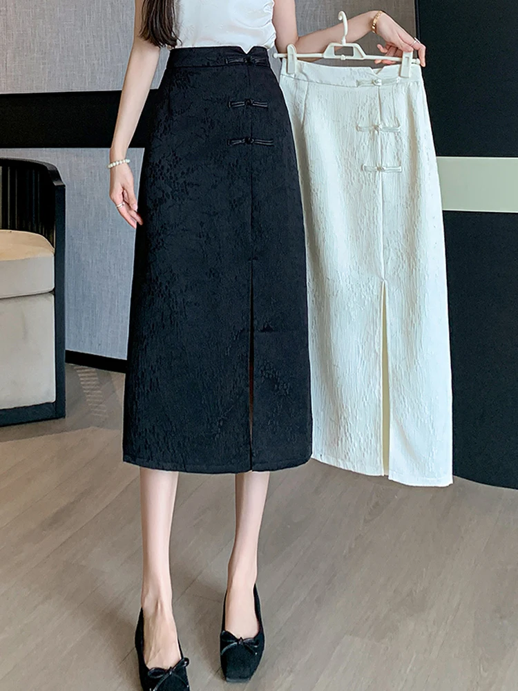 New 2024 Chinese Style Half Skirt Lady Mid Length Irregular Skirt For Women High Waisted Minimalist Casual Slimming OL A-line