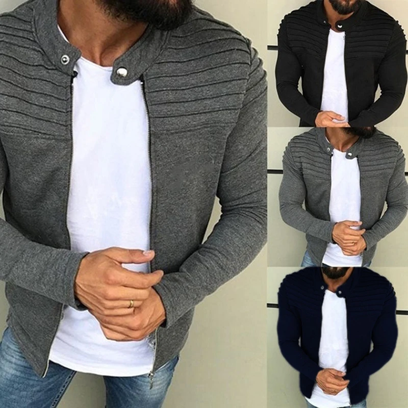 Men Jacket Coat Long Sleeve Coat Men Jacket Zipper Cardigan Men's Autumn Pleats Slim Stripe Fit Sports Casual Jacket For Male