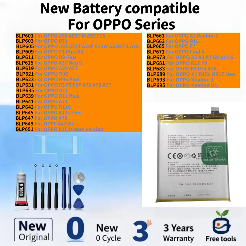 New Battery compatible For OPPO A57 R7 A33 F1 R9 A37 A39 F3 F5 A73 R11 A71 R11 A79 A83 R15 A3 F7 Phone Batteries+Free Tools