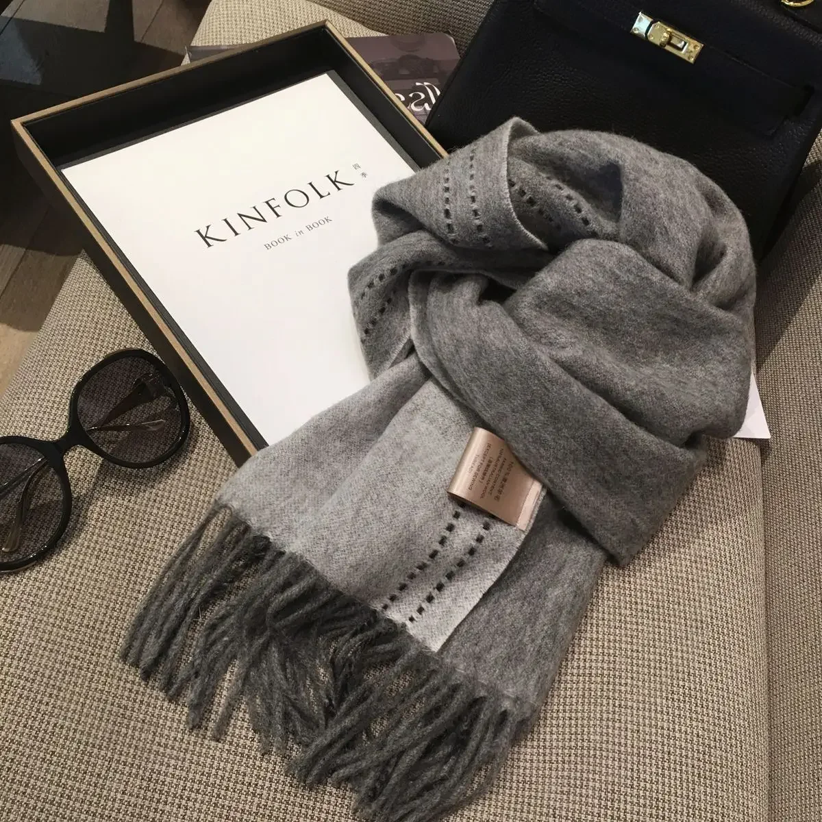 100% Wool Scarf Women\'s Winter Popular Solid Color Sewing Design Double sided Cashmere Shawl Dual purpose Warm Neck