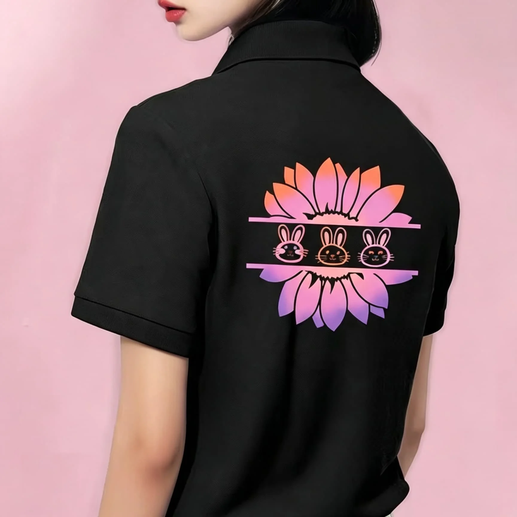 Unisex Black Lapel Collar Polo Shirt Gradient Sunflower With Cute Rabbit Back Print Short Sleeve Soft Breathable Casual Daily Top for Men Women