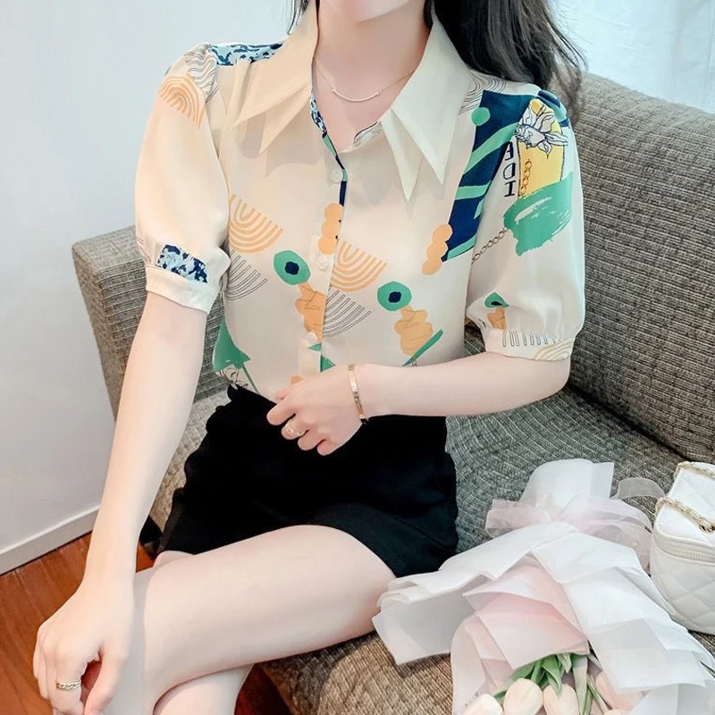 New Summer Short Sleeve Slim Printing Shirt Tops Polo Neck Youth All-match Thin Elegant Blouse Fashion Korean Women Clothing
