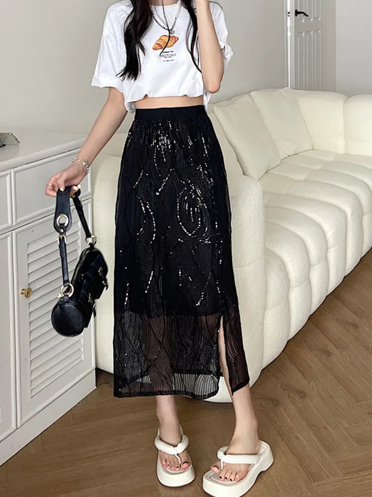 iny Sequin f-length Skirt Women's Mid-length High-waist Straight-cut Bodycon Skirt Hip-concealing Split Skirt Commute Sle