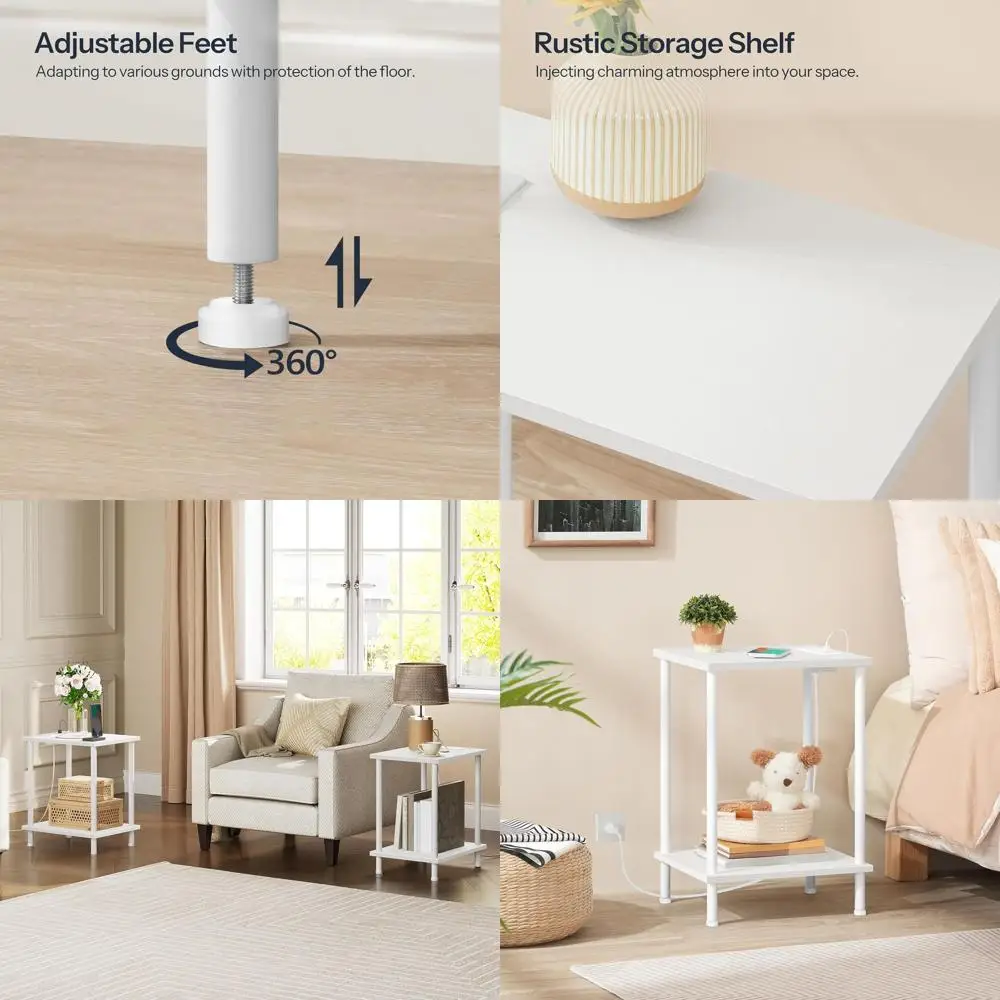 

Pair of White End Tables with USB Charging and Outlets, Ideal for Living Room or Bedroom, Compact Storage Nightstand