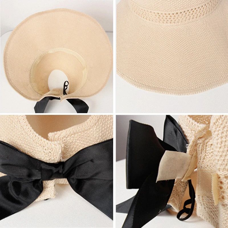 접이식 여성 와이드 브림 밀짚 모자 야외 여행 사진을위한 Bowknot와 통기성 프랑스 스타일 태양 모자