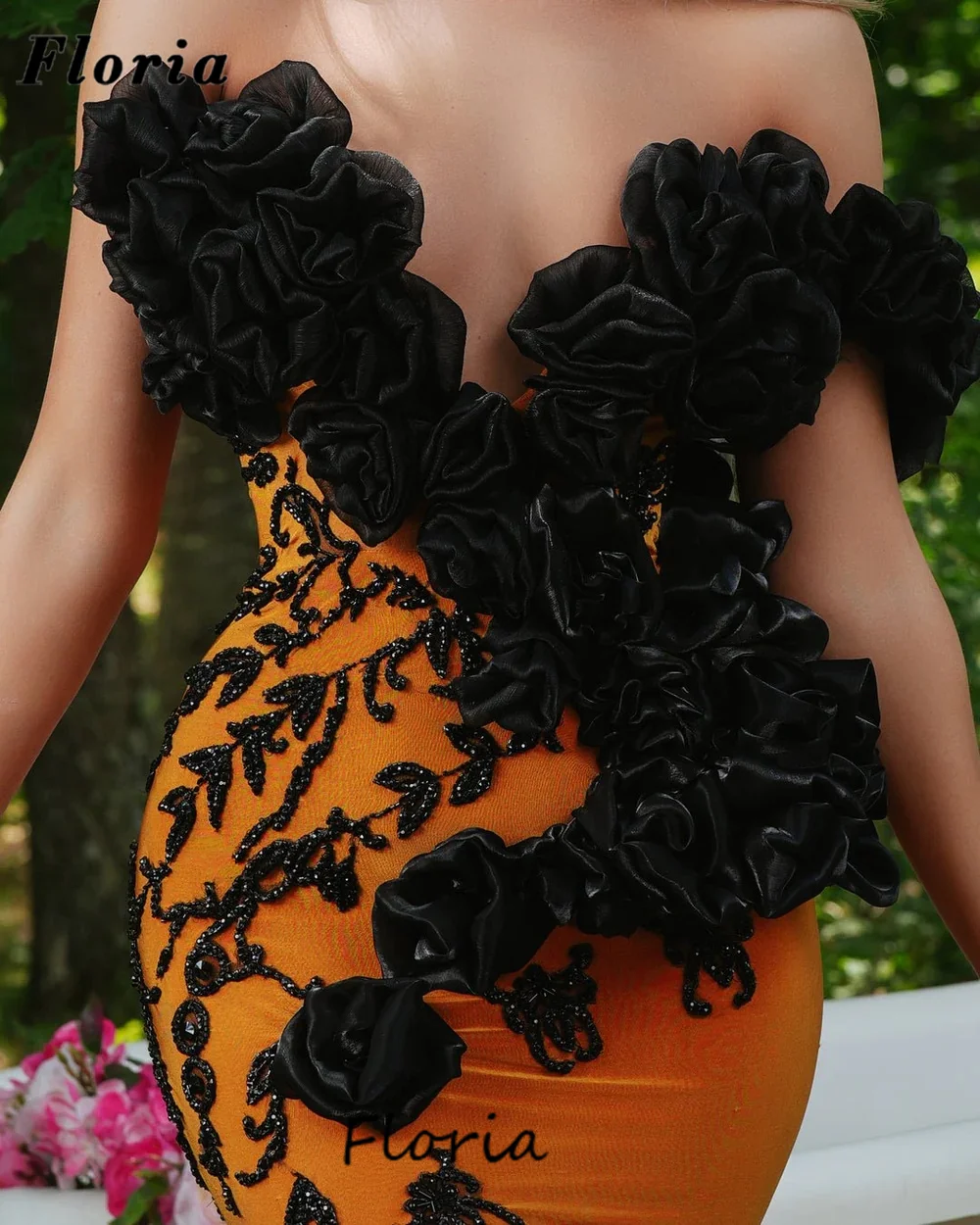 Robe de Soirée Élégante à Fleurs Noires Personnalisée, avec Perles, pour ixde Mariage, Fiançailles, Dubaï