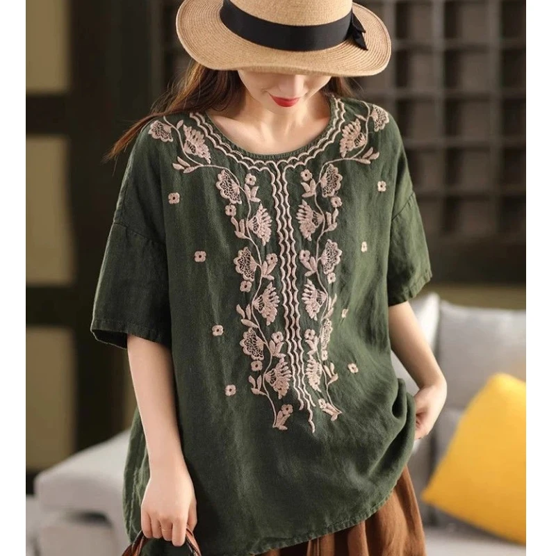 

Embroidered Cotton Linen Literary Loose Retro Temperament Round Neck Short-sleeved T-shirt Embroidered Versatile Summer New Top