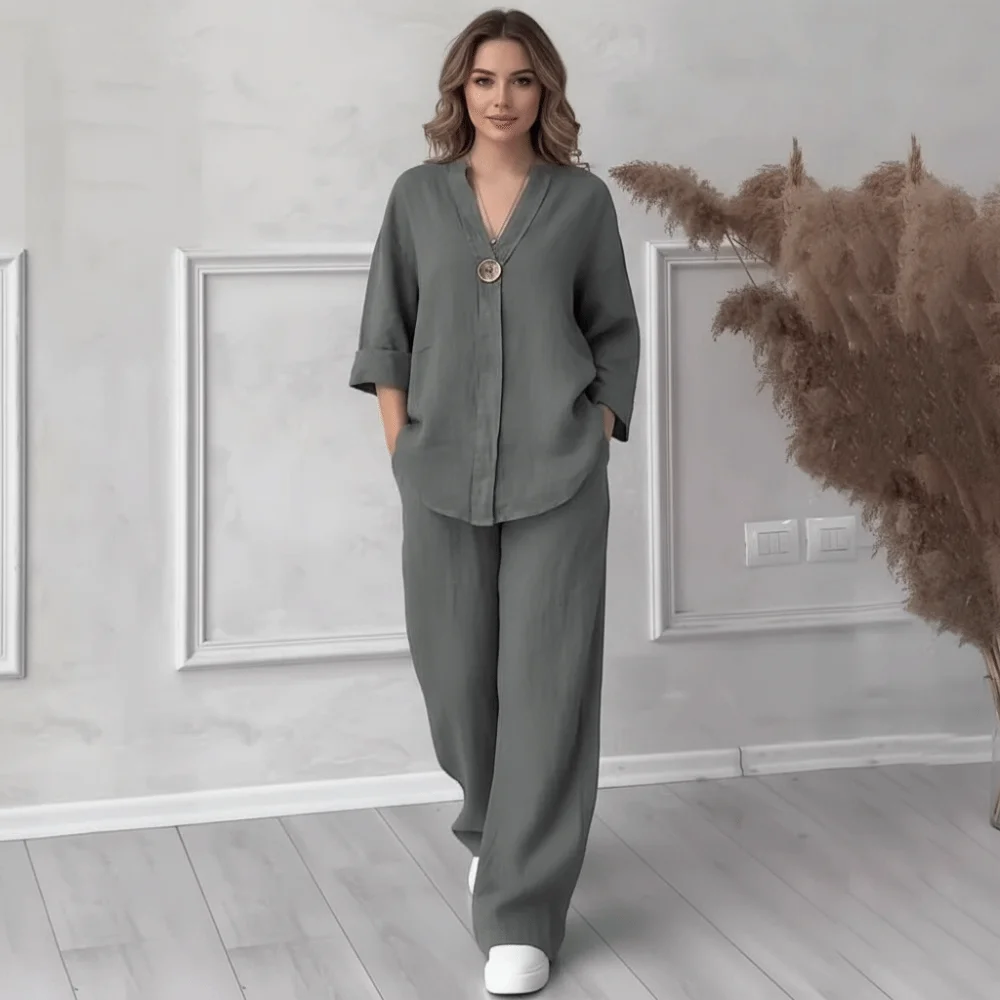 Fashion V Neck Women Two Piece Set Button Front Short Sleeve Pants Set Pocket Design Loose Fit Wide Leg Pants Set Home Lounge