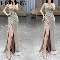 Customized Sexy Silver Sequin Mermaid Dress Strapless Sleeveless Floor Length Shinny Celebrity A Line Slim Evening Women Slipt P