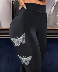 Pantalones ajustados de cintura alta con patrón de mariposa de diamantes de imitación para mujer, ropa de moda de Europa y América, 2022