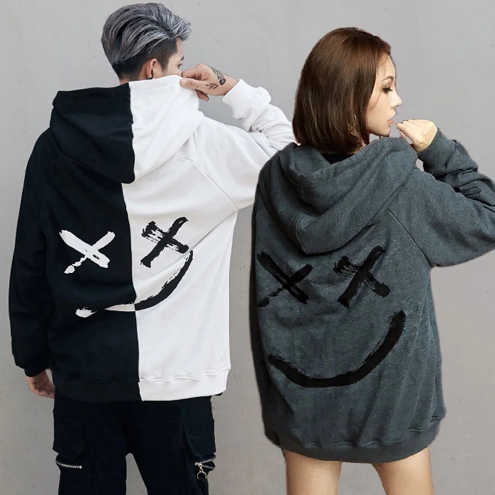 Couple Smile Hoodies Harajuku Printed Oversized Women Sweatshirts Streetwear Hip Hop Patchwork Unisex Couple Hoody Men Pullovers