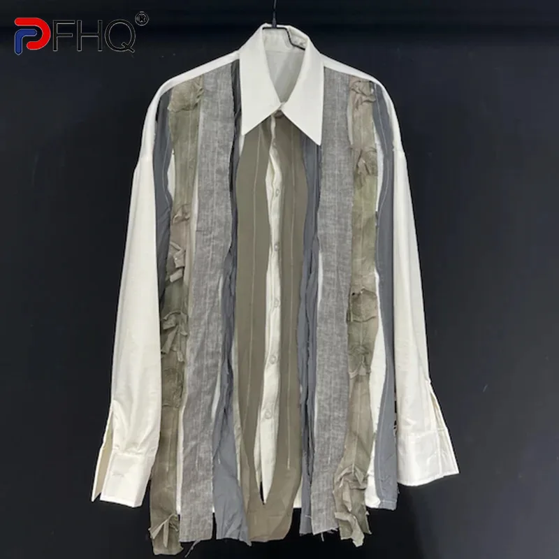 PFHQ Men\'s Linen Shirts Fashion Summer Twisted Splicing Design Long Sleeved Sun Protection Coat Vintage Creativity Tops 21Z4574