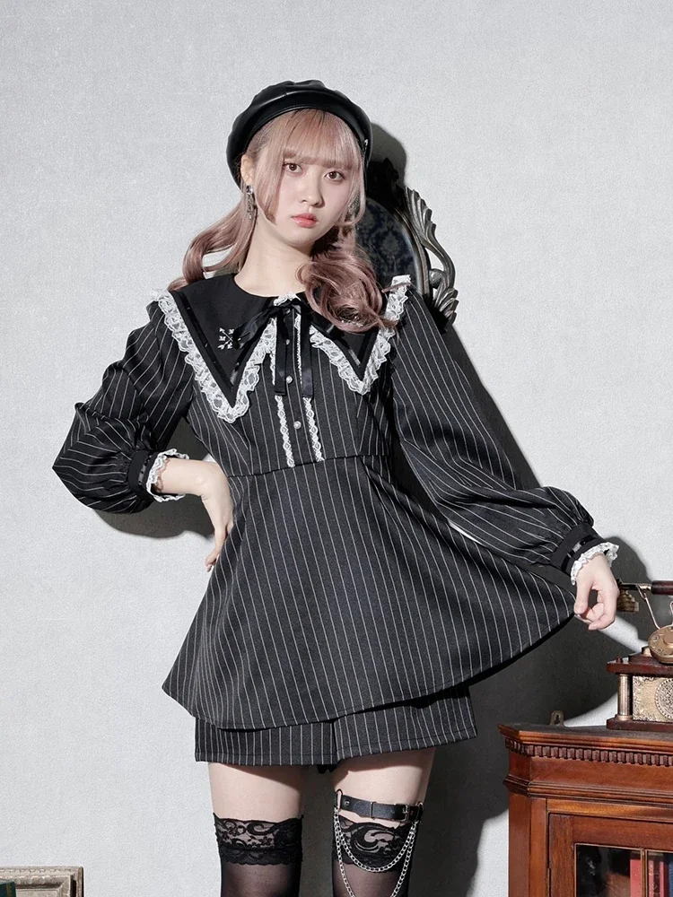 Japanese Style Mine Sailor Collar Embroidered Lace Long-Sleeved Striped Shirt Dress and Shorts Sweet Women Shorts Suit Outfits