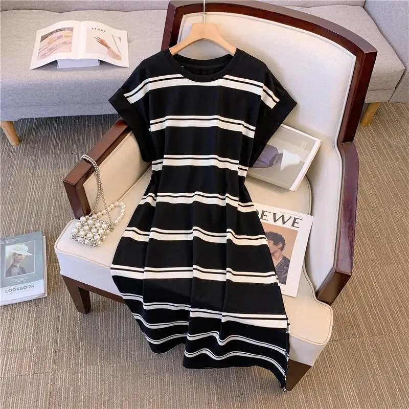 Women Plus Size L-4XL Stripe T Shirt Dress Short Sleeve O Neck Fashion Y2K Dresses 2024 New Summer Clothing Casual KoreanBobe