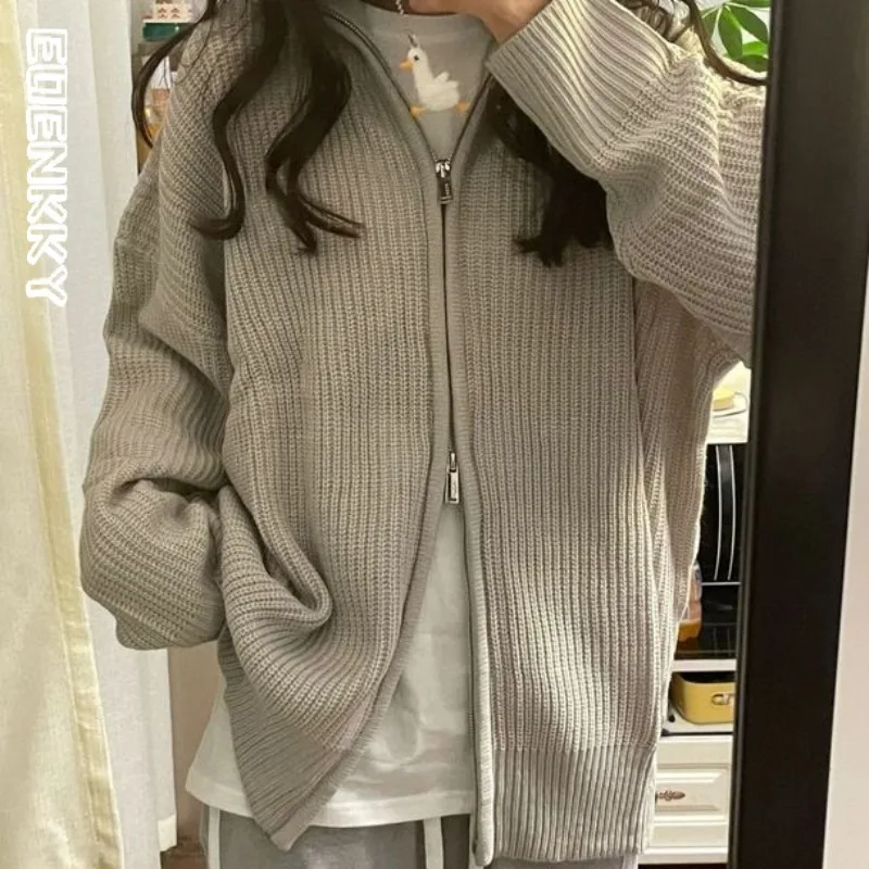 

Grey Sweater Cardigan Women Double Zipper Korean Long Sleeve Loose Knit Tops Female Harajuku Streetwear Jerseys Jumpers Jacket