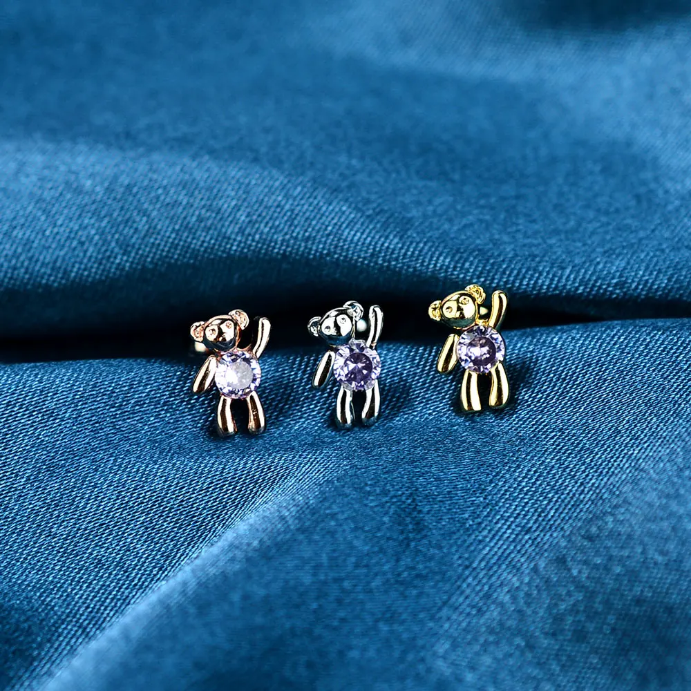 1Pc Stainless Steel Zircon Small Honey Bear Earrings for Women Tiny Flower Animal Studs Helix Piercing Jewelry