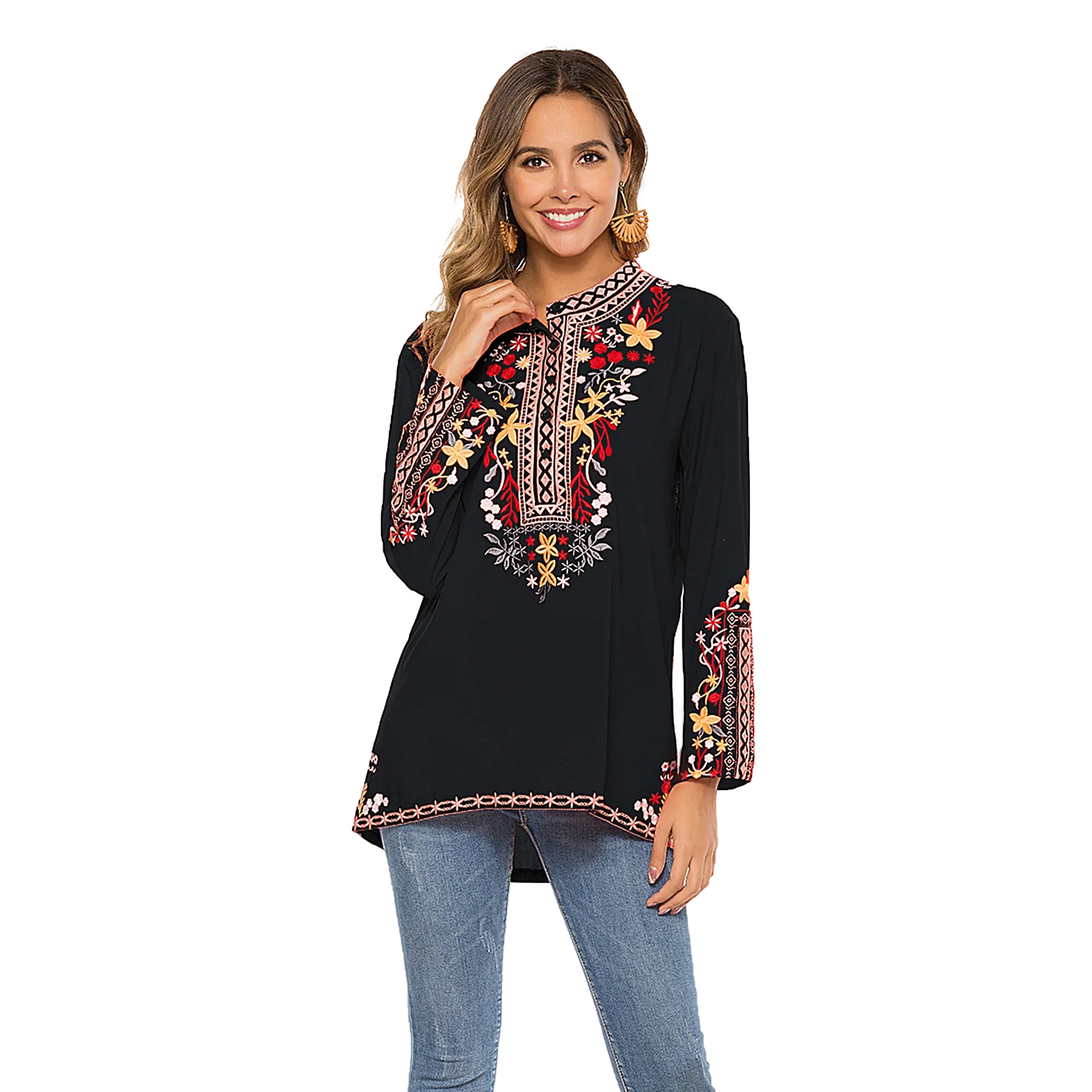 Eaeovni bordado topos de manga longa feminino mexicano boho camponês casual solto túnicas outono blusa camisas para mulher