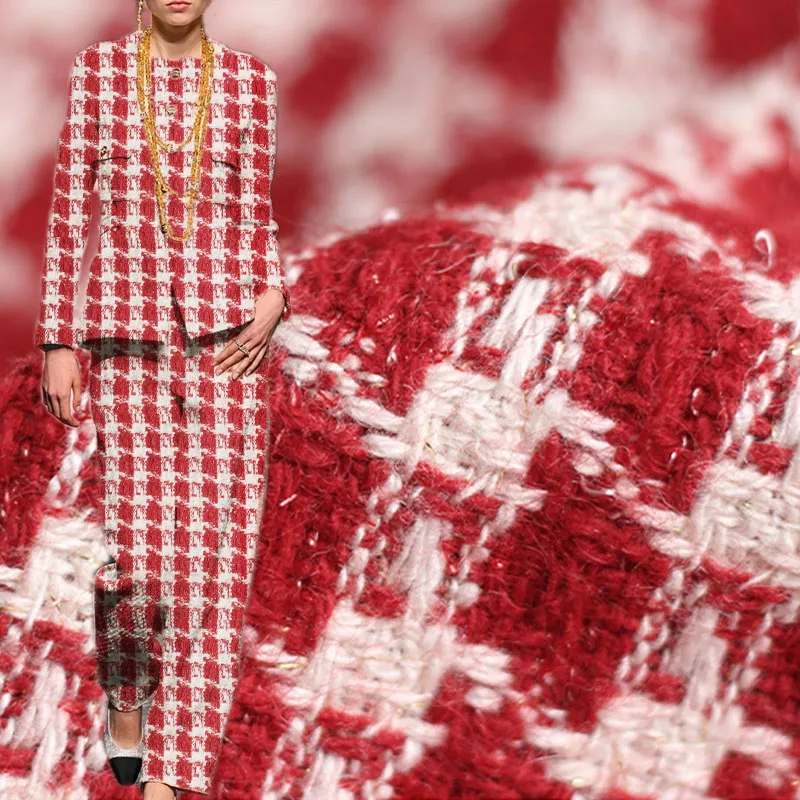 50x145cm Fashion Red And White Plaid Yarn-Dyed Braided Tweed Fabric For Women Autumn Jacket Dress Suit Coat Handbag DIY Cloth