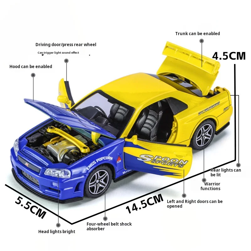 Modelo de coche de juguete Nissan GTR34 Skyline GTR, miniatura de carreras fundida a presión, sonido y luz, Colección extraíble, regalo para niños, 1/32