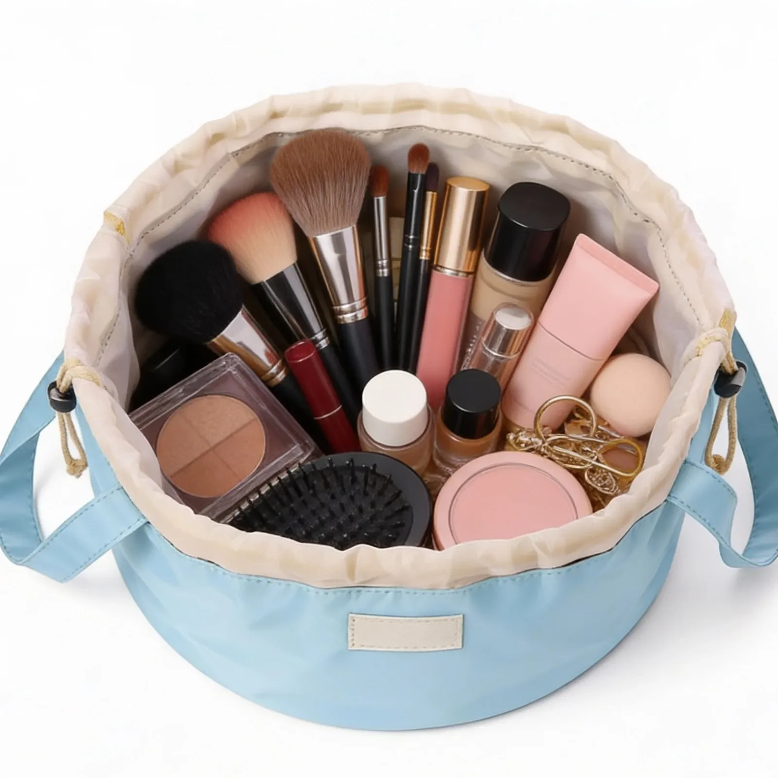 Blue Drawstring Travel Cosmetic Bag – Lightweight Water-Resistant Bucket Organizer with Flap and Dual Wrist Straps