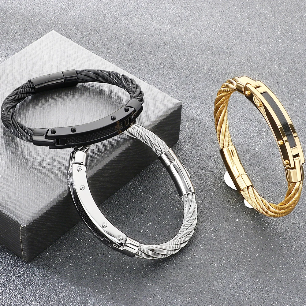 Men's Curved Carbon Fiber Wrap Bracelet for Man 8MM Width Braided Stainless Steel Wire Chain Wristwear Fashion Jewelry Gift Boys - Image 3