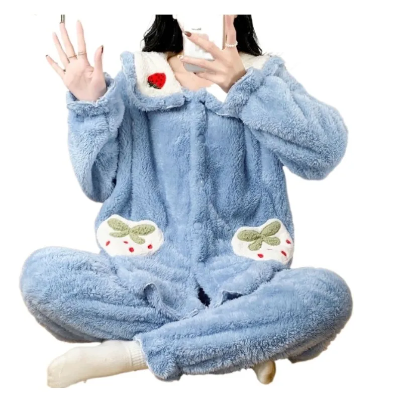 New Sleepwear Autumn Winter Postpartum Flannel Thick Plush Nursing Pajamas Pregnant Women Set Coral Velvet Can Be Worn Outside image 4
