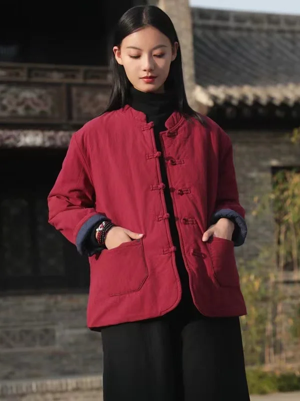 

Chinese Sle Cotton Jaet with Button Waistcoat Thin Cotton Linen Material Pure Color High Waist Design Women's Coat