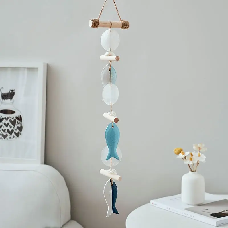 Home Living Room Wall Decorations Fish String Shell Pendant Wooden Hemp Rope Handmade Wind Chime Nordic Wall Home Decor LI751
