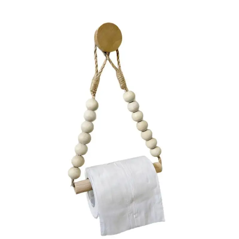 1Pcs Rustic Style Punch-Free Roll Paper Storage Rack With Hemp Rope Wooden Balls Adhesive Installation Toilet Paper Holder