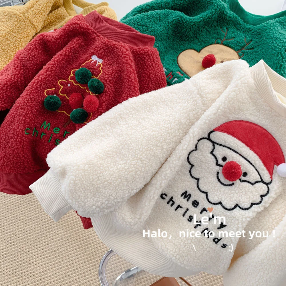 Christmas Lamb Woolen Hoodie 2024 Winter New Plush Warm Children Tops Boys Girls Fashion O-neck Pullover Sweaters Ropa De Niña