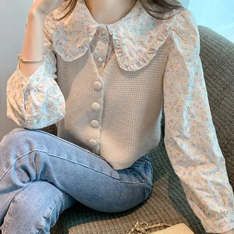 Sweet Preppy Style Autumn New Sweaters Women Peter Pan Collar Floral Shirt Button Casual Sleeveless Knitted Vest Two Piece Set