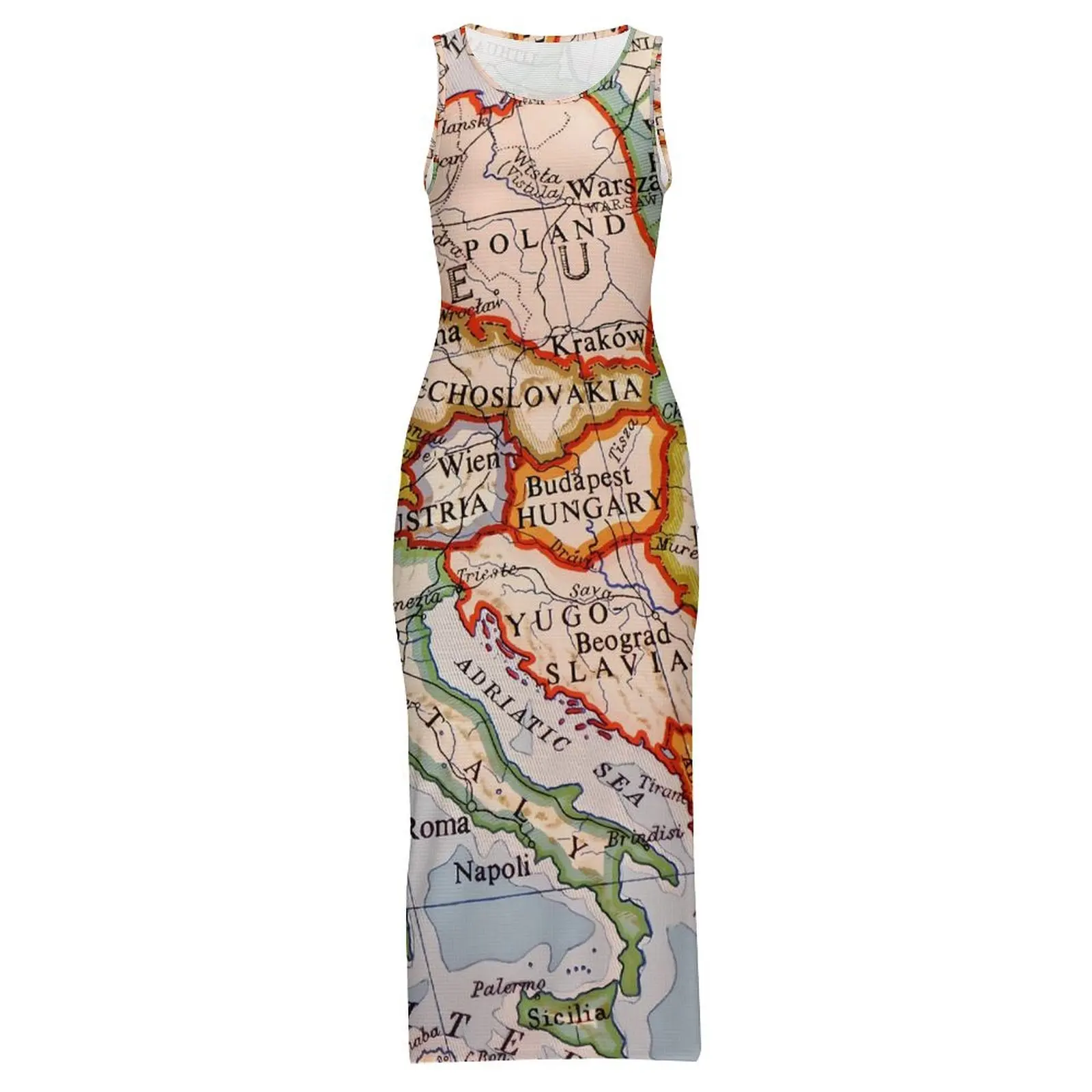 World Map Bodycon Dress Spring Colorful Geographic Vintage Maxi Dresses Ladies Sleeveless Design Aesthetic Dress Big Size