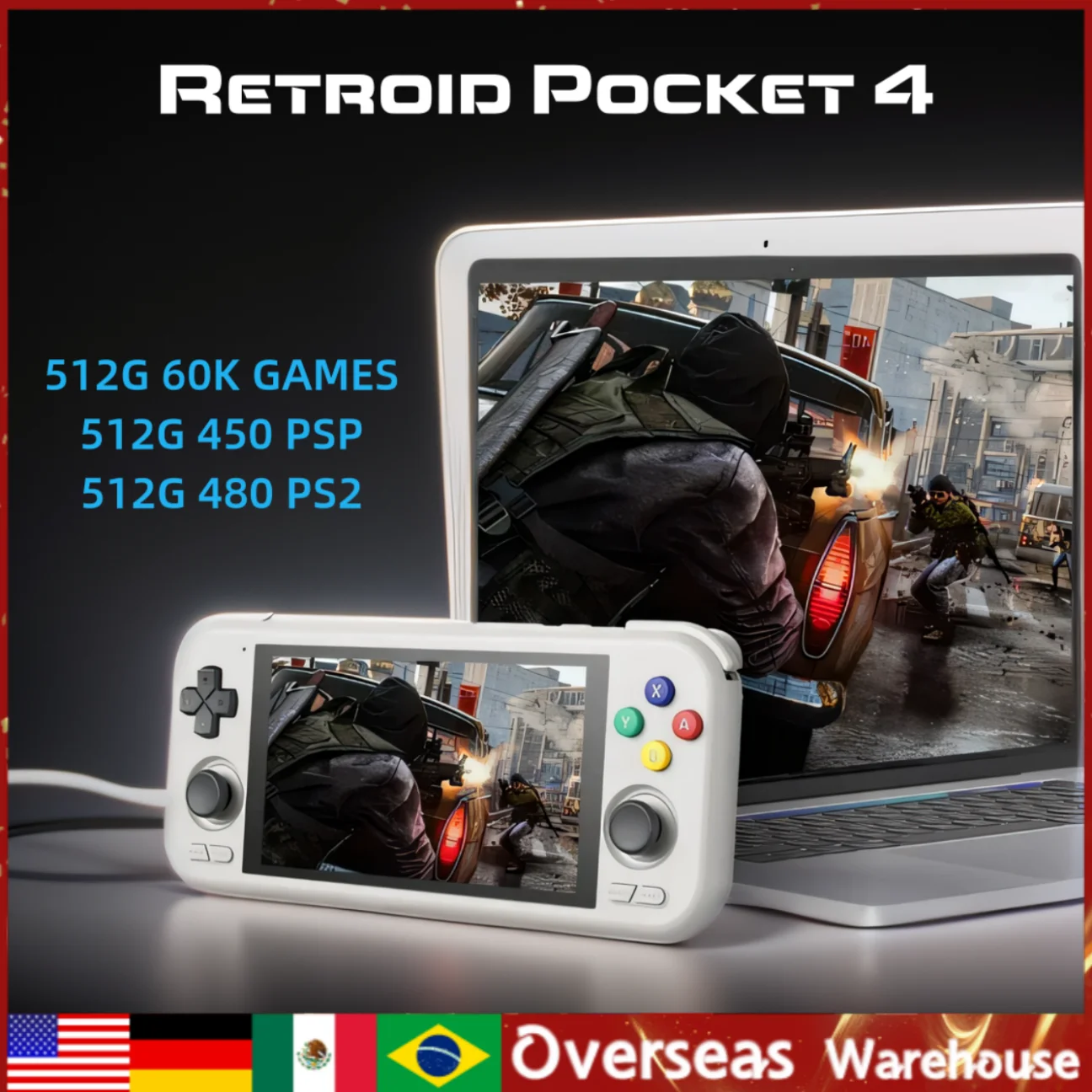 

Retroid Pocket 4 RP4 Handheld Game Console 4G+128G 4.7Inch Touch Screen WiFi 6.0 Bluetooth Retro Game Console Children's Gifts